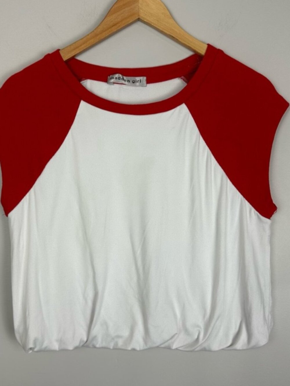 White Crop Baby Tee Red Cap Sleeves Ruched Elastic Waist S/M